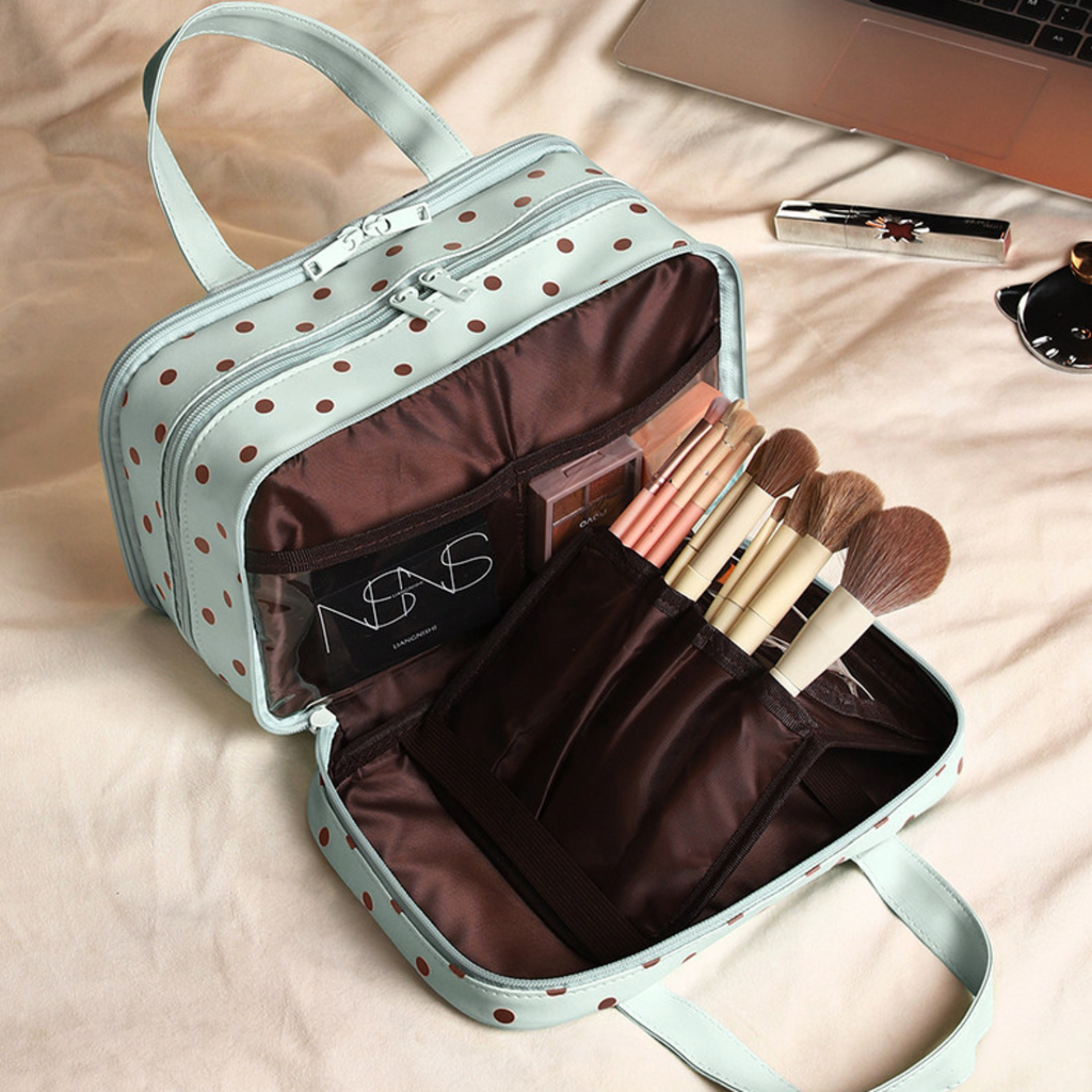 Polka Dot Travel Makeup Bag - 3-Zone Large Capacity Organizer