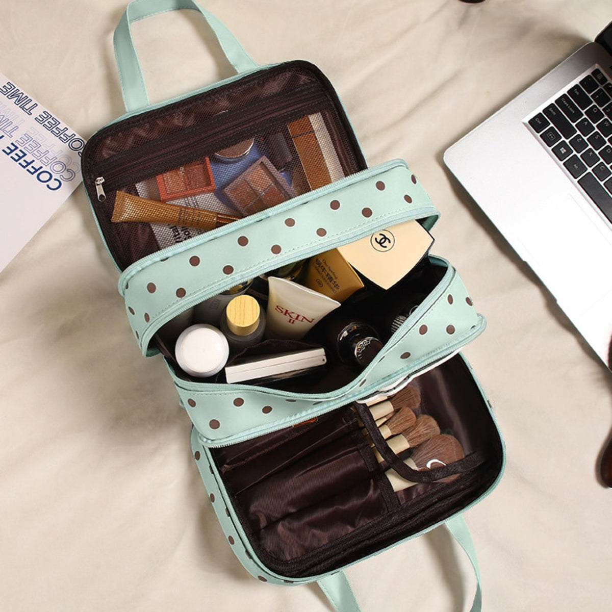 Polka Dot Travel Makeup Bag - 3-Zone Large Capacity Organizer