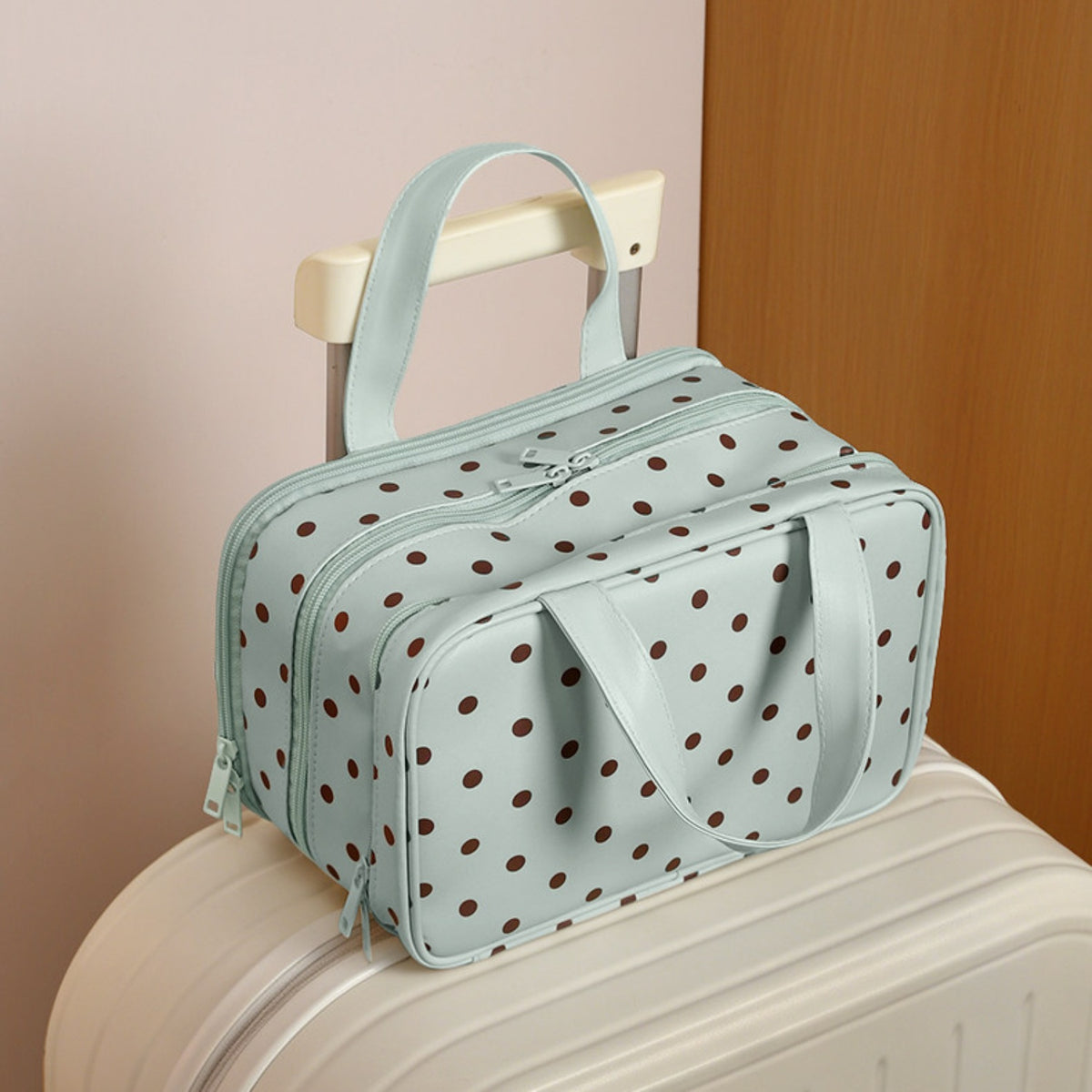 Polka Dot Travel Makeup Bag - 3-Zone Large Capacity Organizer