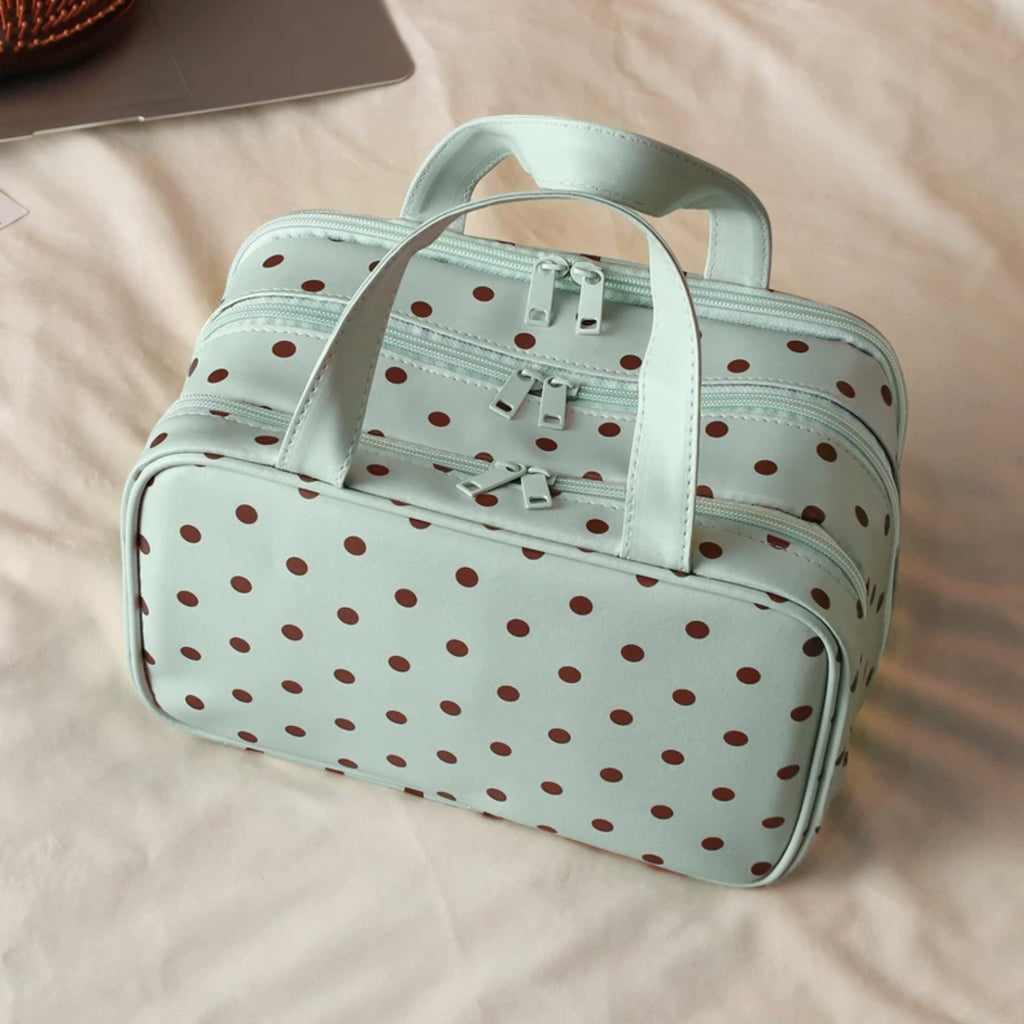 Polka Dot Travel Makeup Bag - 3-Zone Large Capacity Organizer