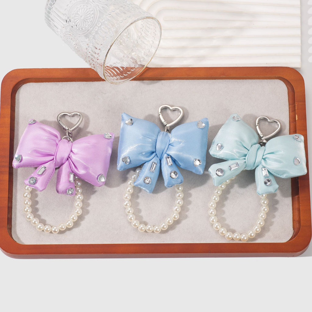 Rhinestone Bow Bag Charm - Sparkly Pearl Keychain