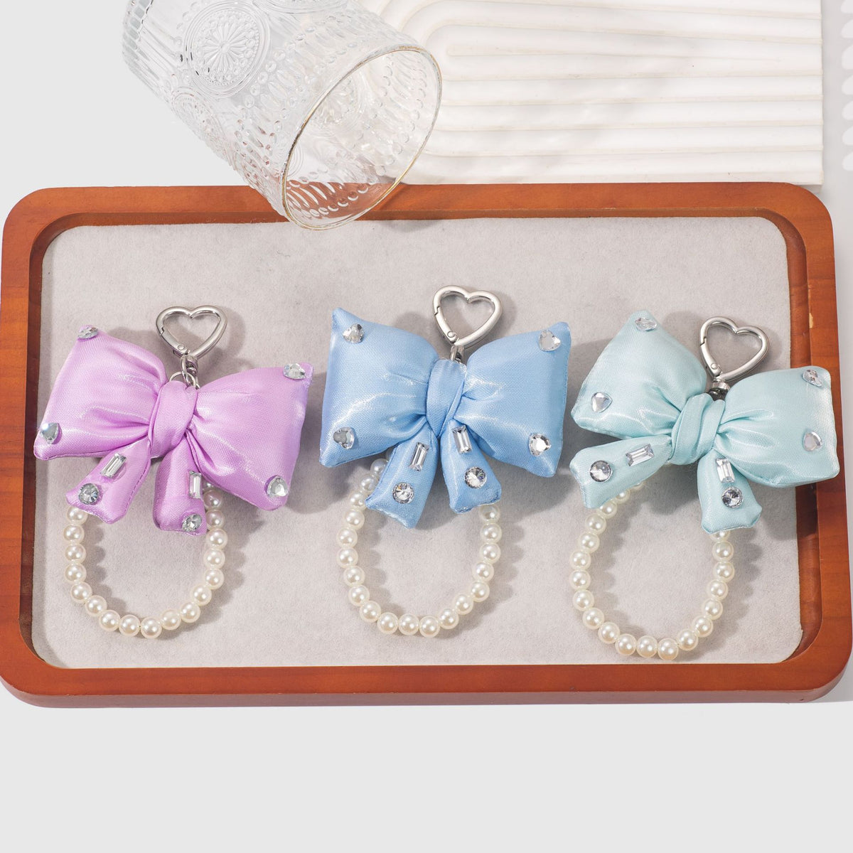 Rhinestone Bow Bag Charm - Sparkly Pearl Keychain