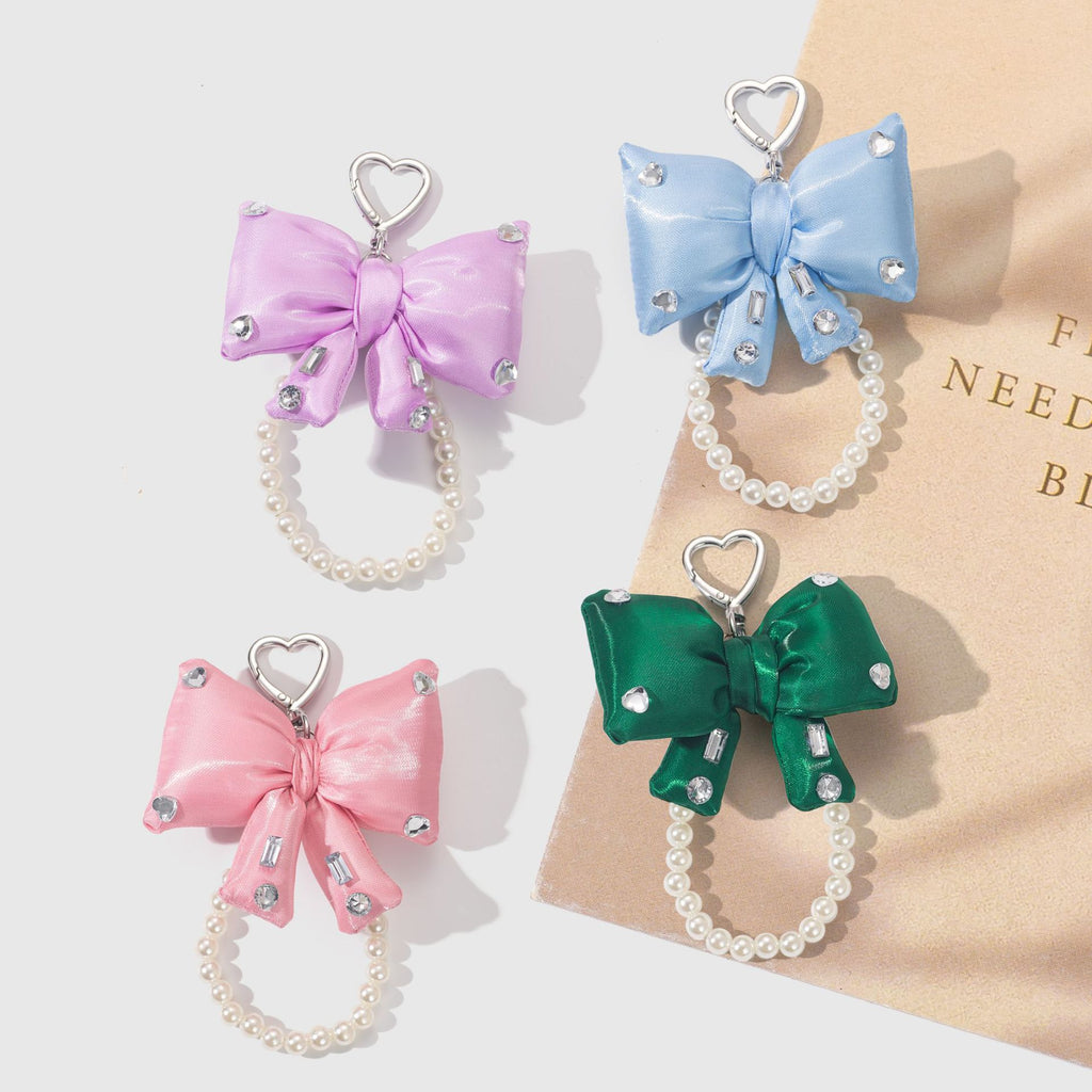 Rhinestone Bow Bag Charm - Sparkly Pearl Keychain