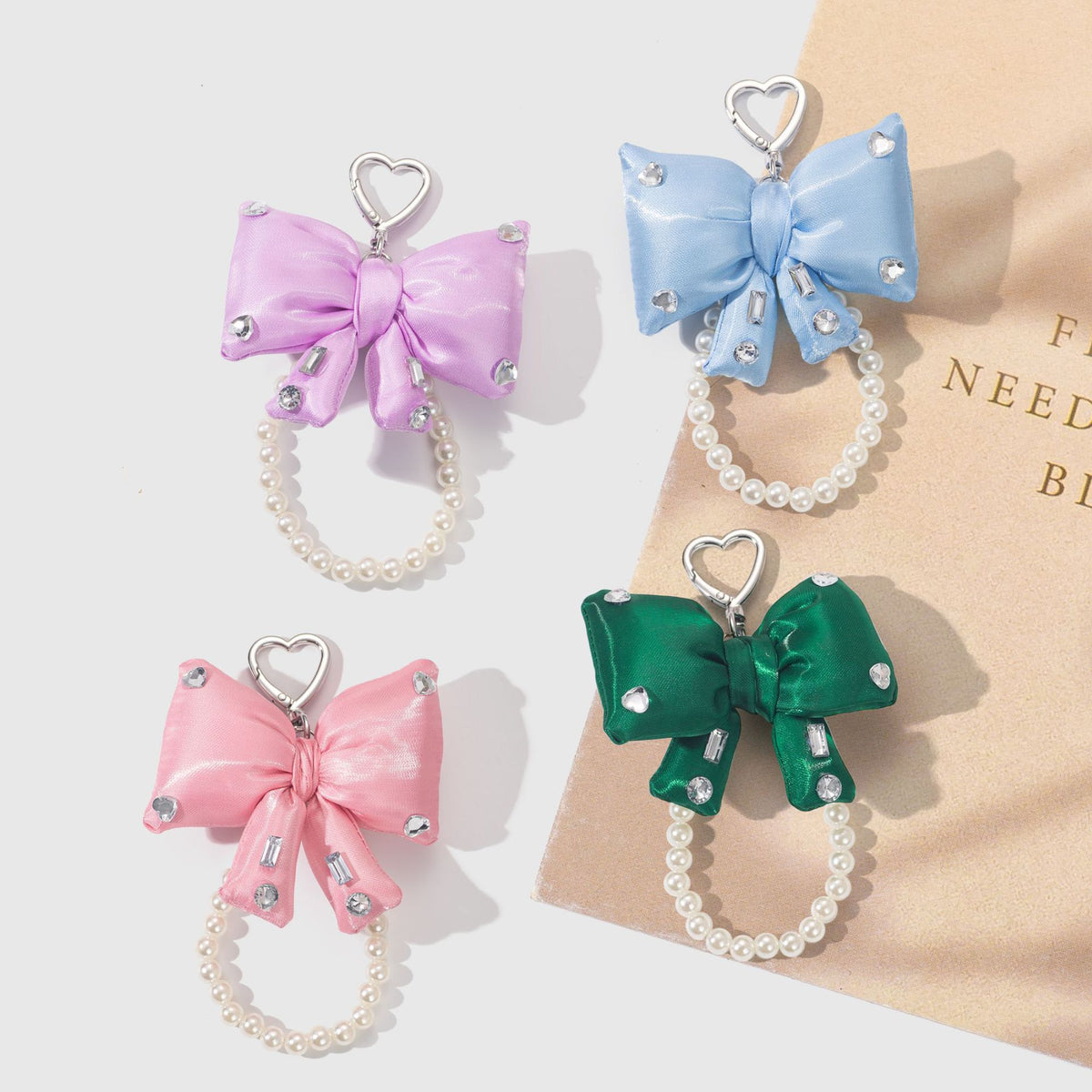 Rhinestone Bow Bag Charm - Sparkly Pearl Keychain