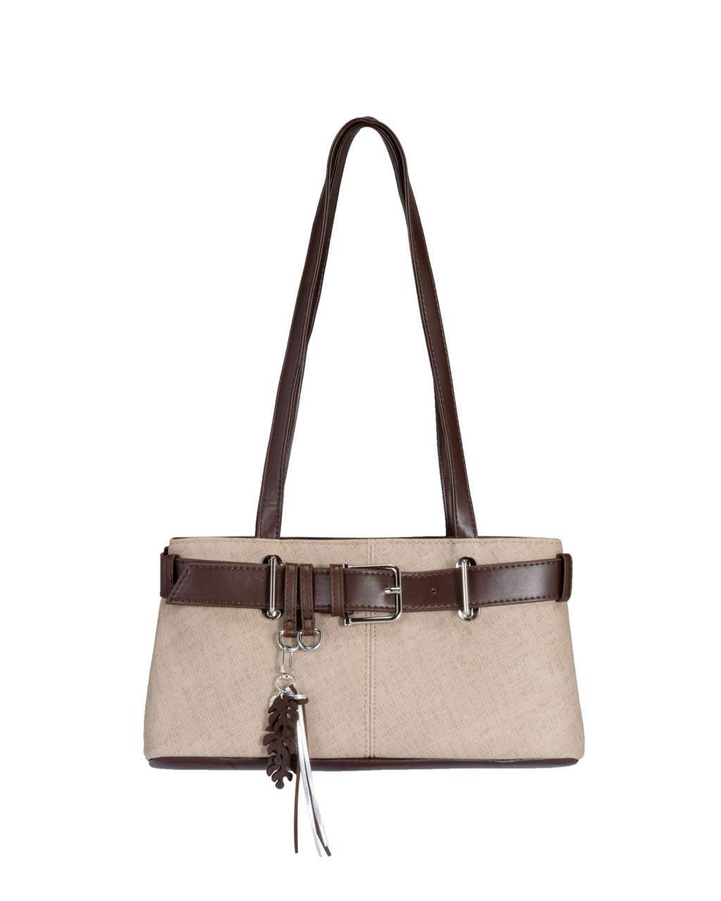 Belted Faux Leather Shoulder Bag with Leaf Charm