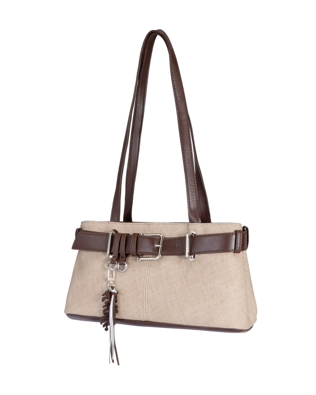 Belted Faux Leather Shoulder Bag with Leaf Charm